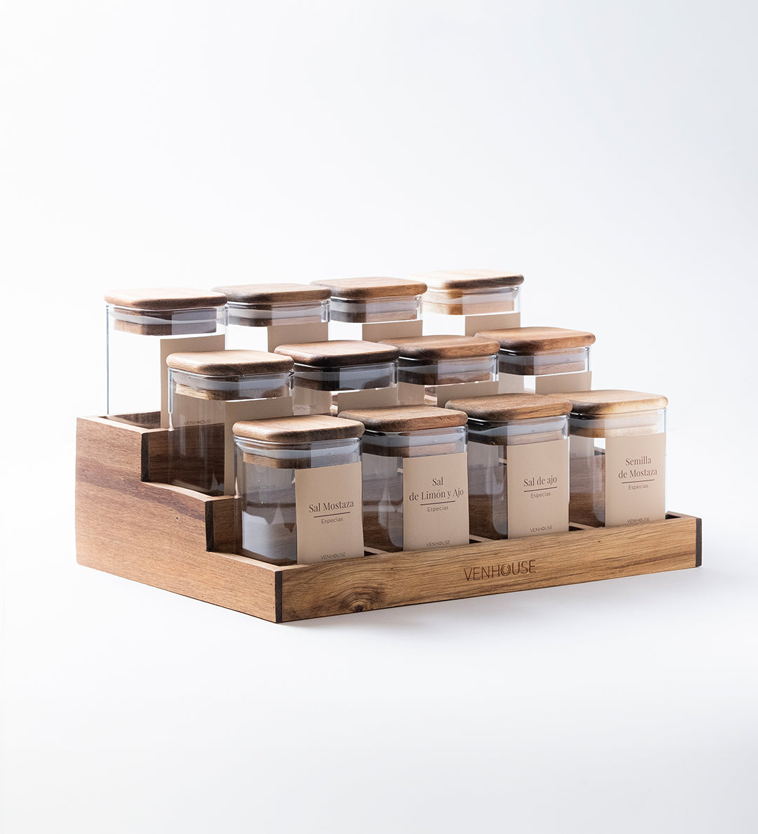 Especiero de Cocina Venhoouse - Set de 12 Tarros Herméticos con Rack de Acacia