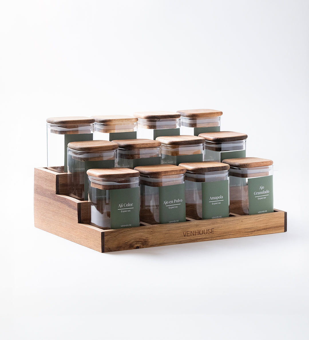 Especiero de Cocina Venhoouse - Set de 12 Tarros Herméticos con Rack de Acacia