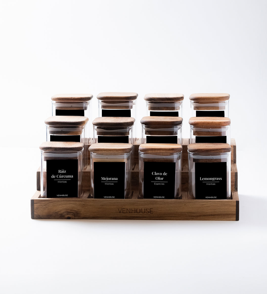 Especiero de Cocina Venhoouse - Set de 12 Tarros Herméticos con Rack de Acacia