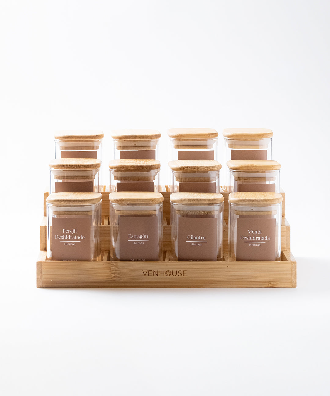Especiero de Cocina Venhoouse - Set de 12 Tarros Herméticos con Rack de Bambú