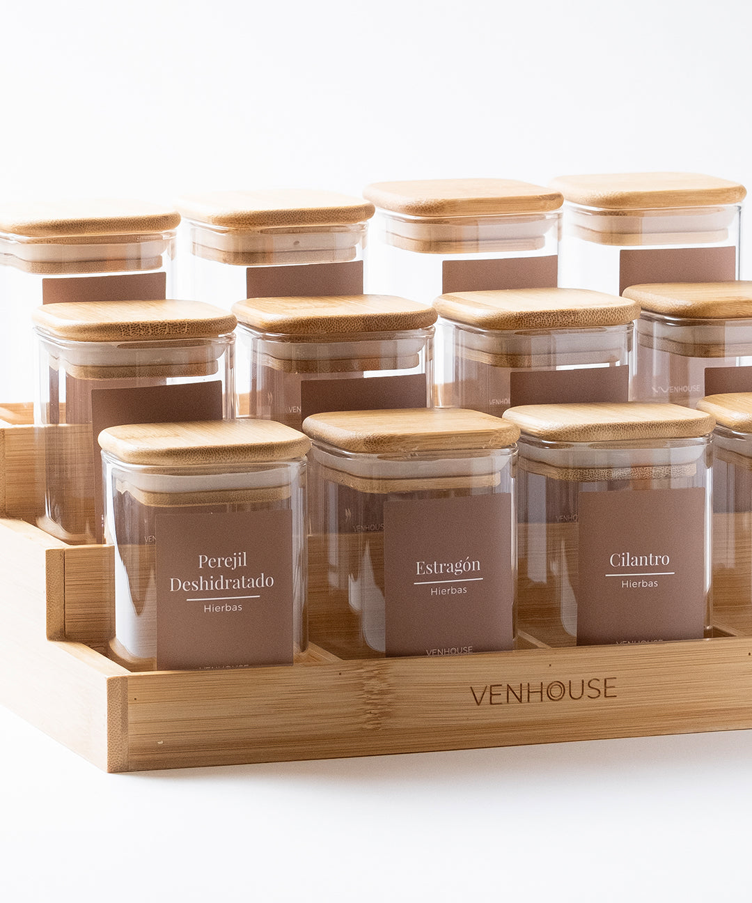 Especiero de Cocina Venhoouse - Set de 12 Tarros Herméticos con Rack de Bambú