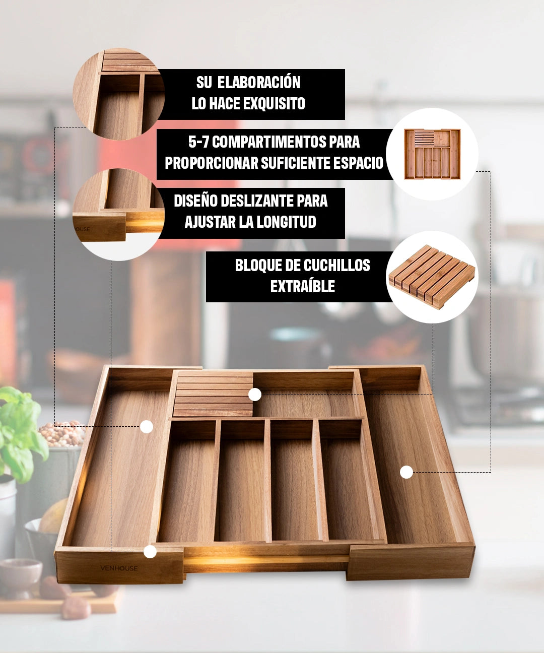 Organizador de Cubiertos de Acacia Expandible | Venhoouse