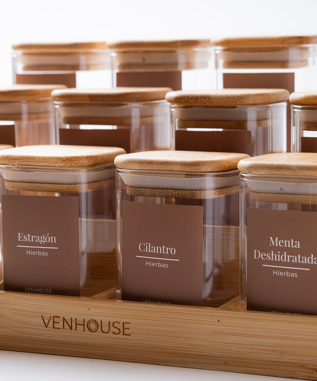 Especiero de Cocina Venhoouse - Set de 12 Tarros Herméticos con Rack de Bambú