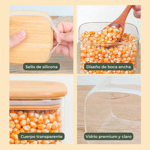 Frasco Rectangular con Tapa de Bambú - 700 ml