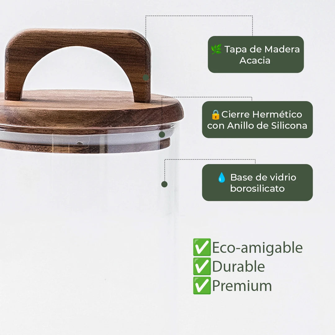 Frasco Redondo con Asa de Acacia - 1500 ml