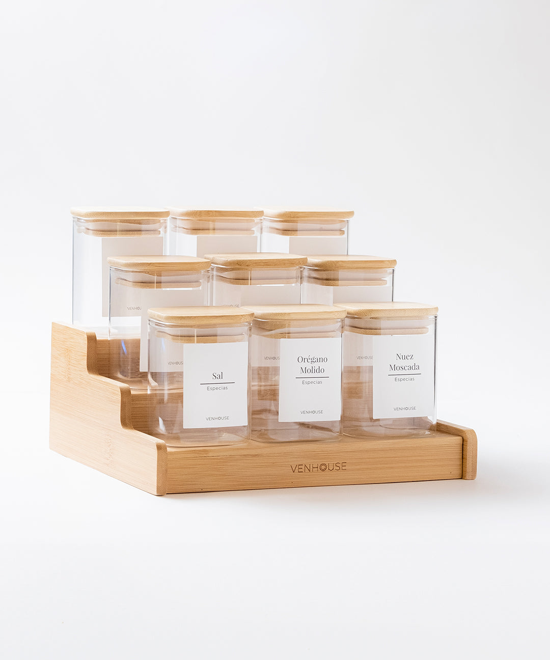 Set 15 Especieros De Vidrio Rack Extensible De Bambú