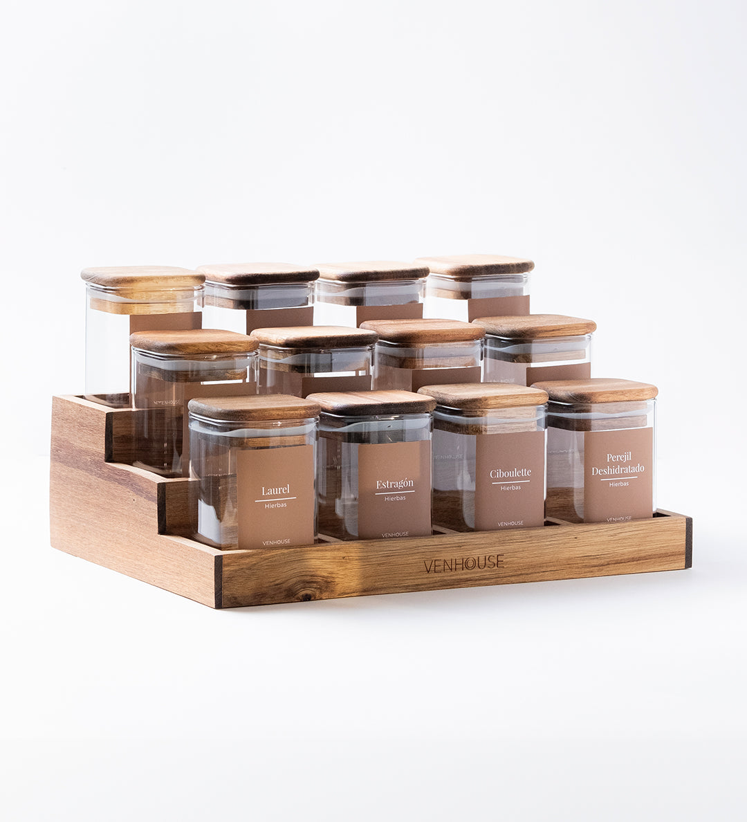 Especiero de Cocina Venhoouse - Set de 12 Tarros Herméticos con Rack de Acacia