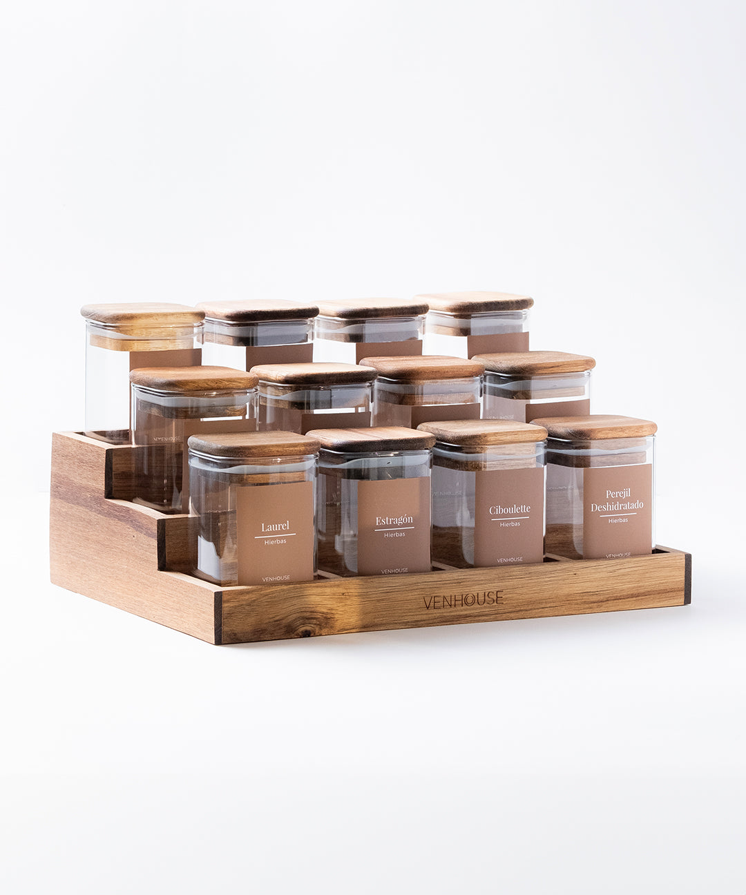 Especiero de Cocina Venhoouse - Set de 12 Tarros Herméticos con Rack de Acacia