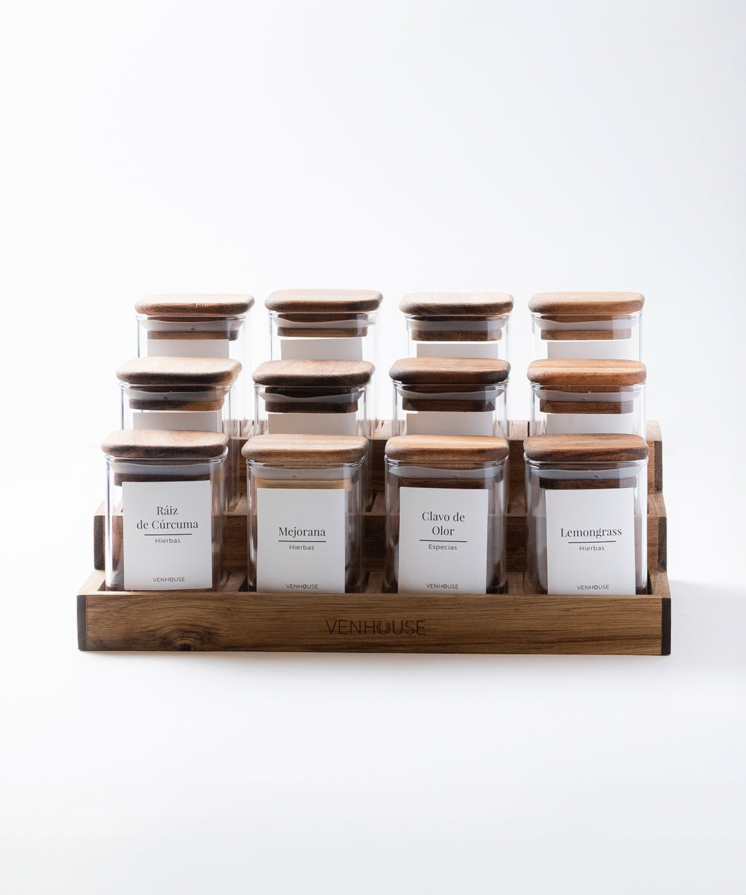 Especiero de Cocina Venhoouse - Set de 12 Tarros Herméticos con Rack de Acacia
