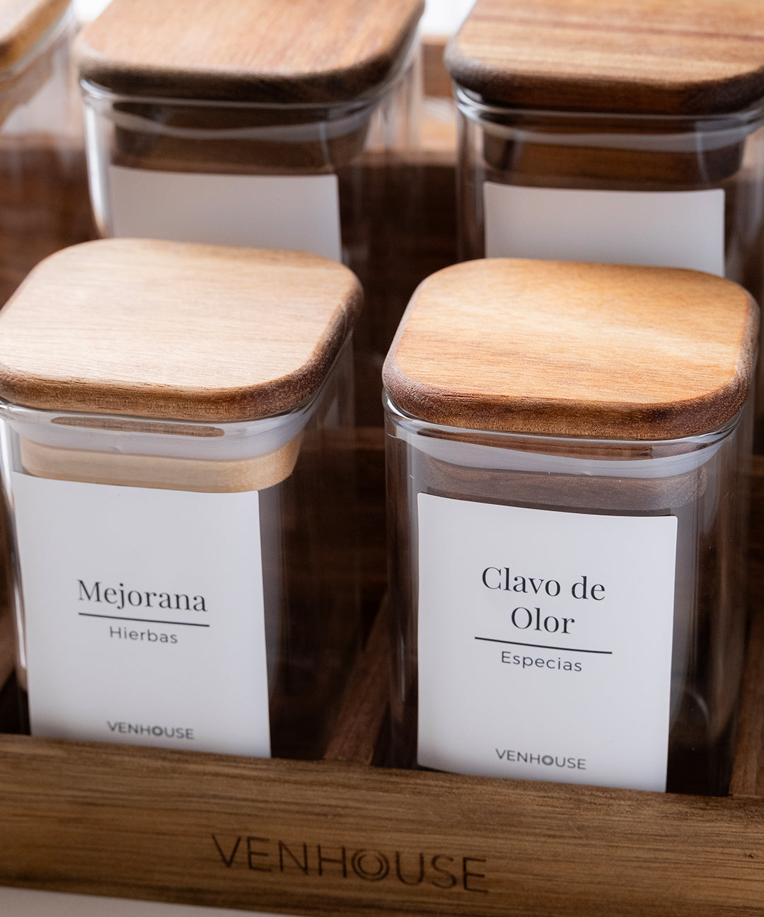 Especiero de Cocina Venhoouse - Set de 12 Tarros Herméticos con Rack de Acacia