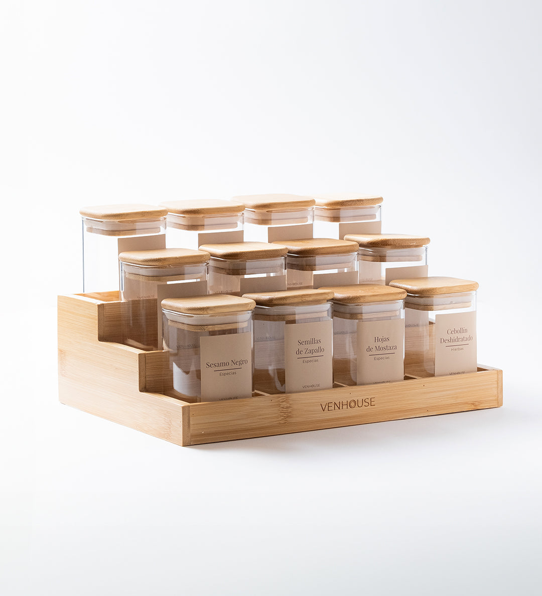 Especiero de Cocina Venhoouse - Set de 12 Tarros Herméticos con Rack de Bambú