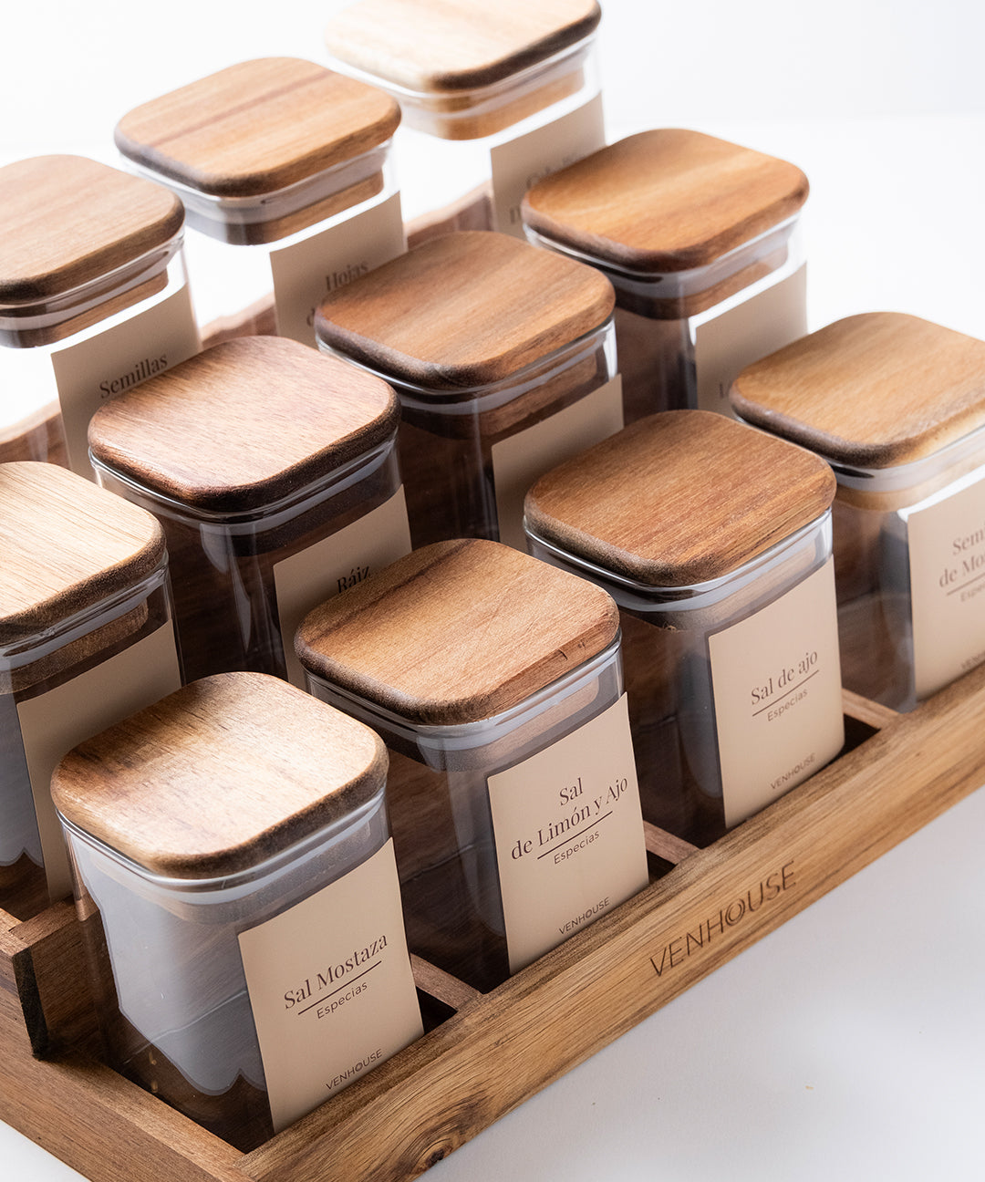 Especiero de Cocina Venhoouse - Set de 12 Tarros Herméticos con Rack de Acacia