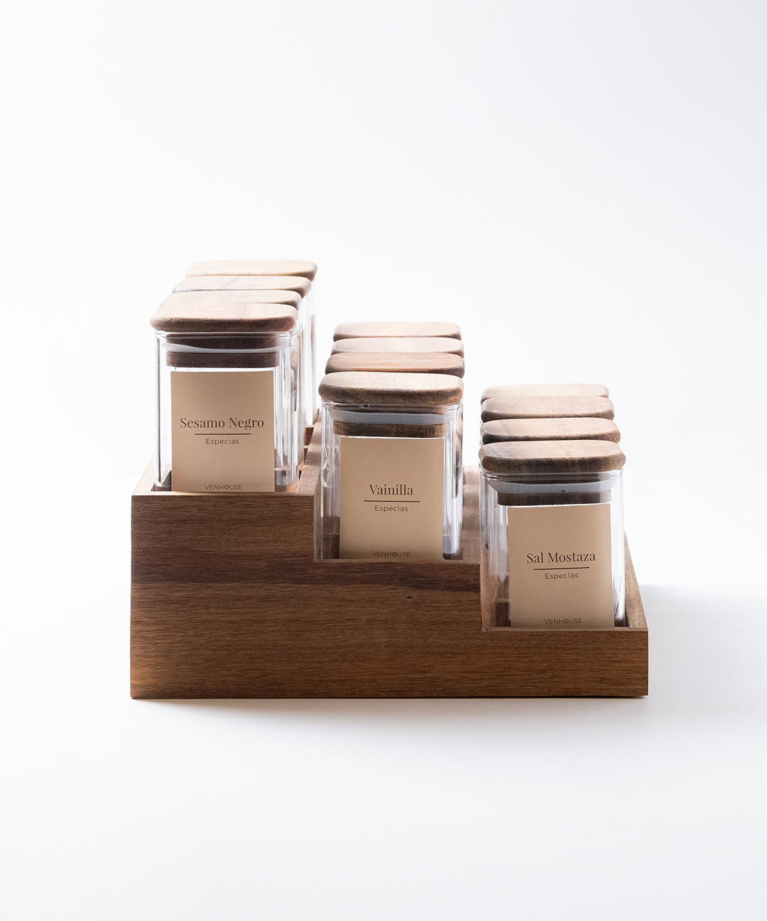 Especiero de Cocina Venhoouse - Set de 12 Tarros Herméticos con Rack de Acacia