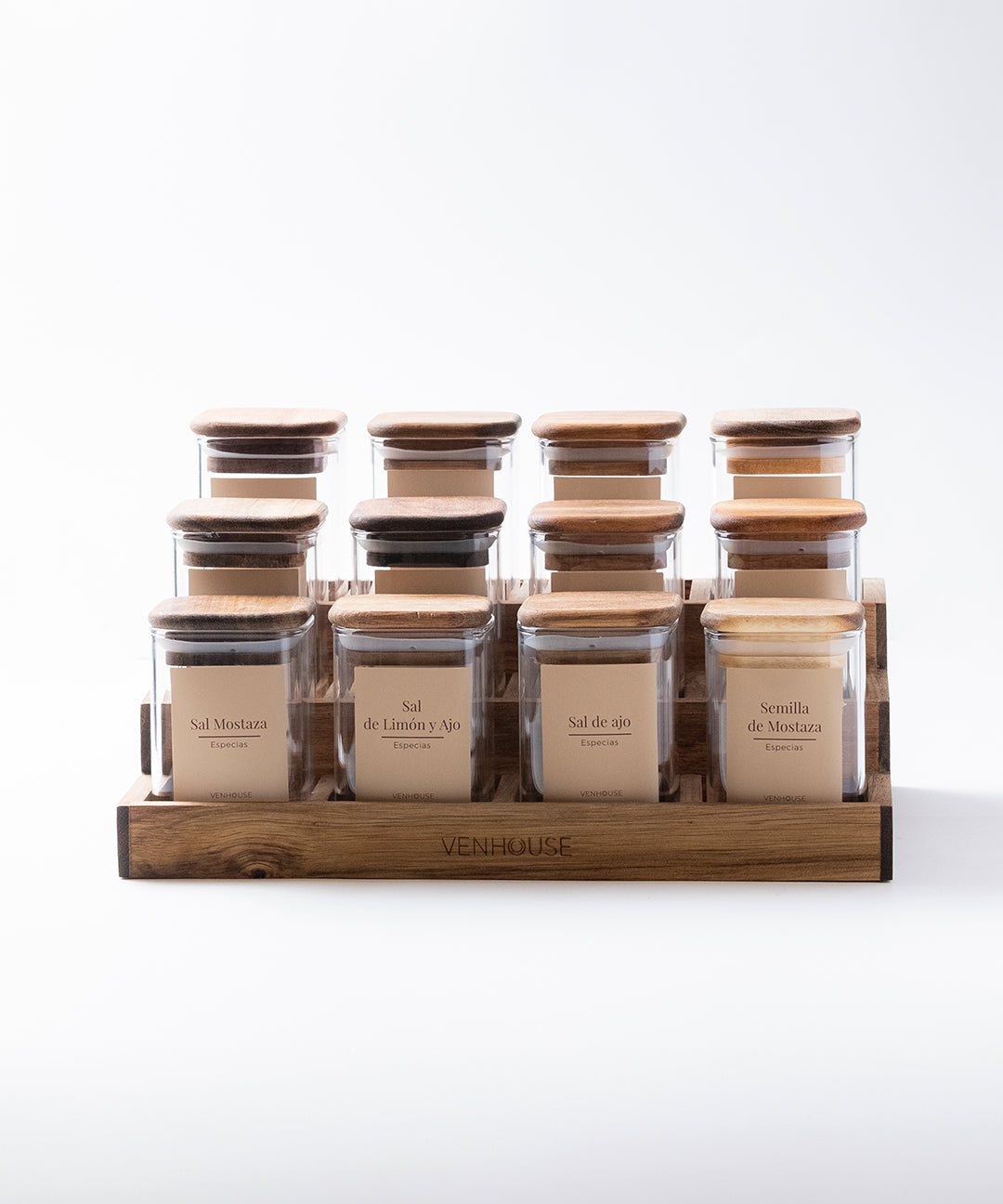 Especiero de Cocina Venhoouse - Set de 12 Tarros Herméticos con Rack de Acacia