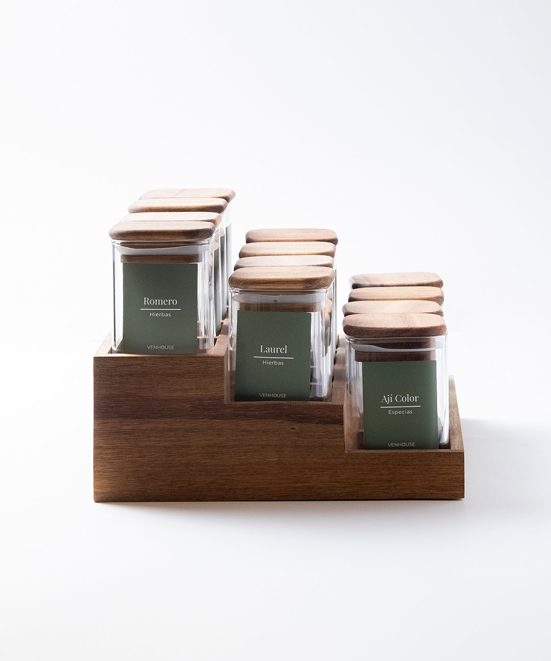 Especiero de Cocina Venhoouse - Set de 12 Tarros Herméticos con Rack de Acacia
