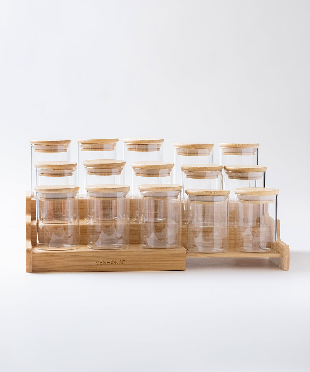 Set 15 Especieros De Vidrio Rack Extensible De Bambú