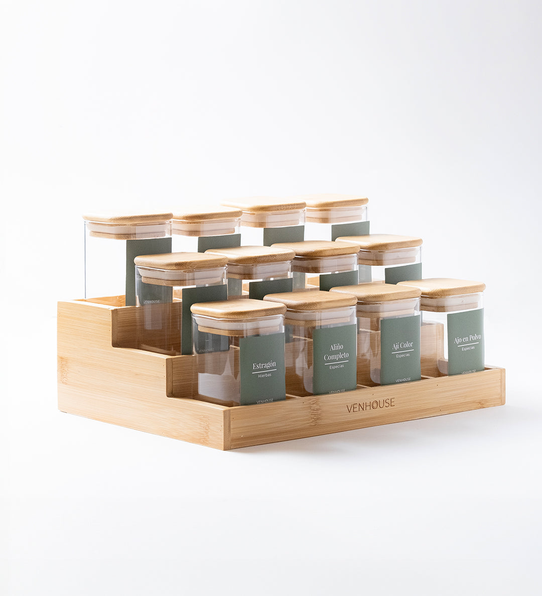Especiero de Cocina Venhoouse - Set de 12 Tarros Herméticos con Rack de Bambú
