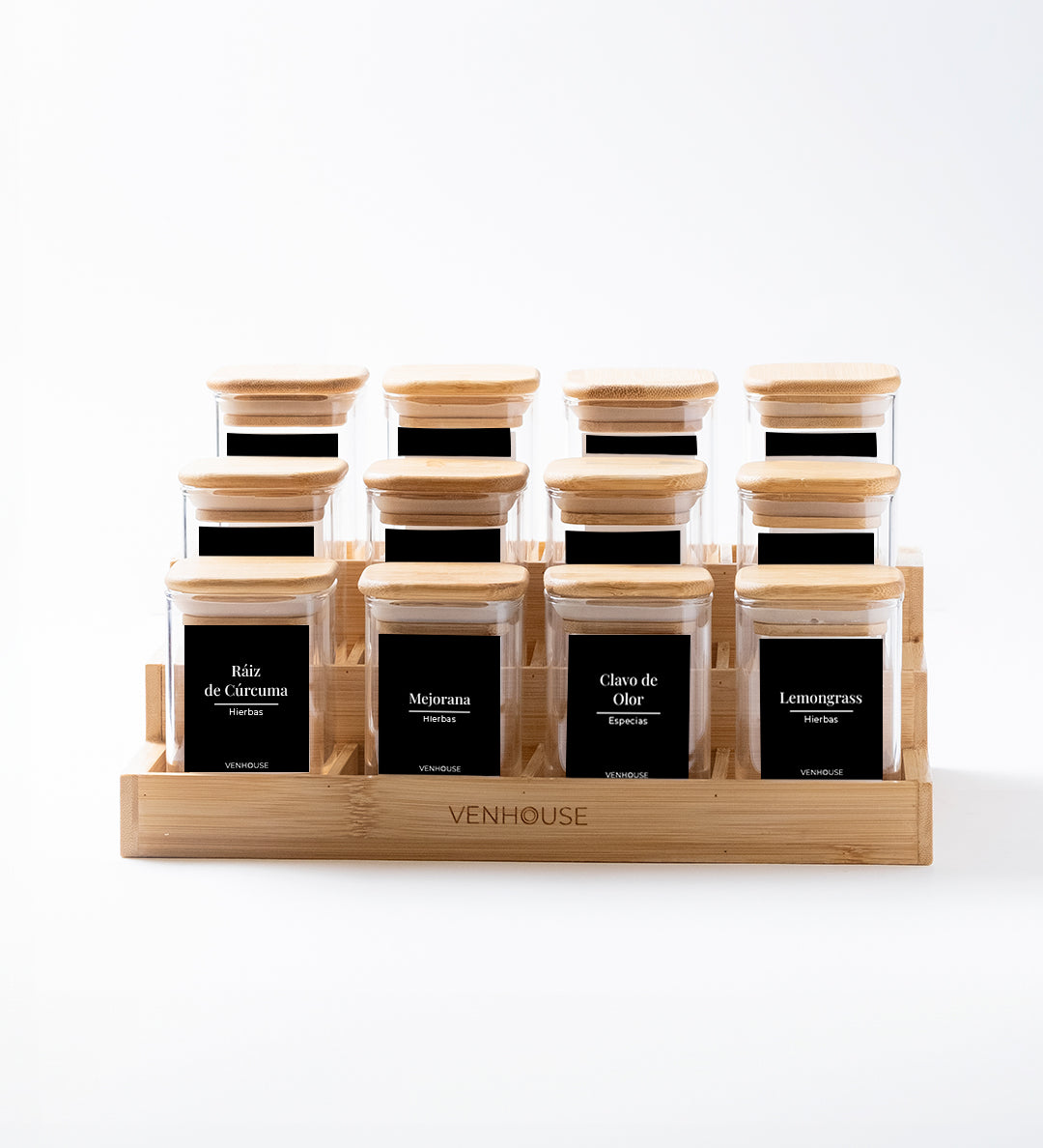 Especiero de Cocina Venhoouse - Set de 12 Tarros Herméticos con Rack de Bambú