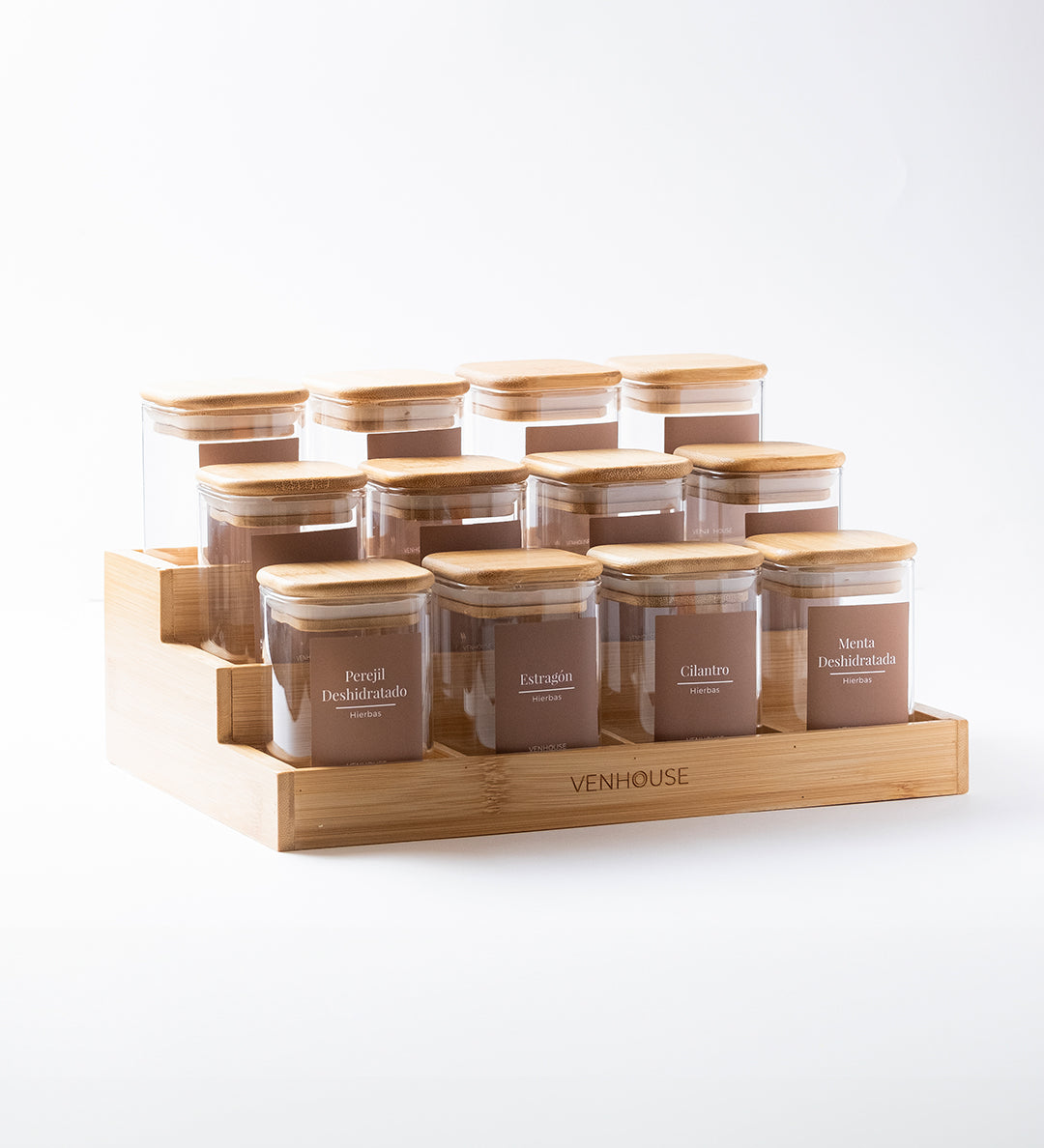 Especiero de Cocina Venhoouse - Set de 12 Tarros Herméticos con Rack de Bambú
