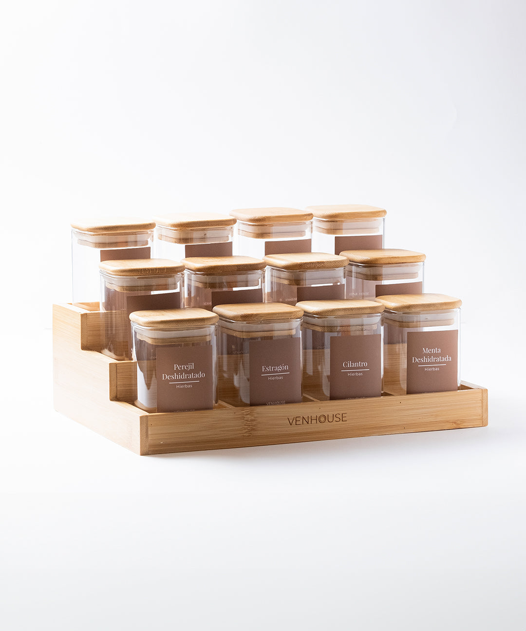 Especiero de Cocina Venhoouse - Set de 12 Tarros Herméticos con Rack de Bambú