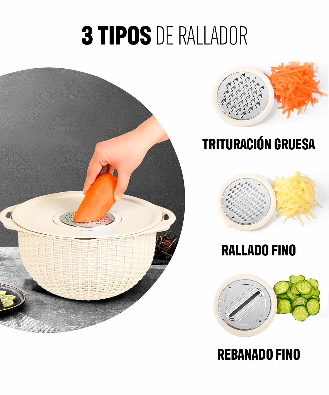 Ralladores incluidos en el set colador 4 en 1, perfectos para queso y verduras