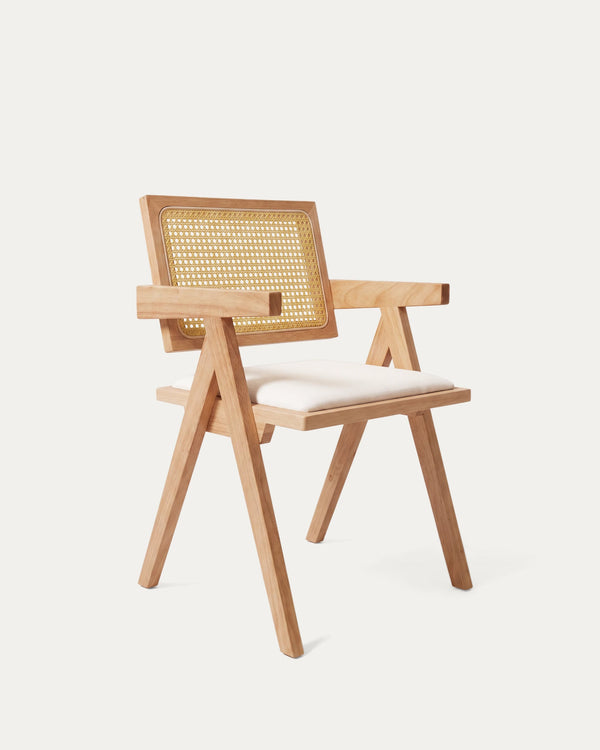 Silla Chandigarh Comedor — Madera de Caucho + Ratán PE + Cojín de Lino