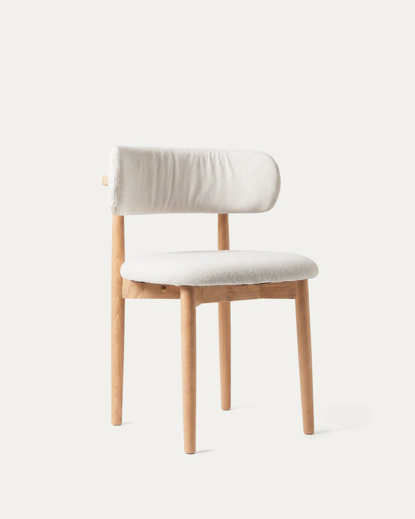 Silla Siena comedor tapizada poliéster beige madera caucho diagonal respaldo curvo Venhoouse Chile