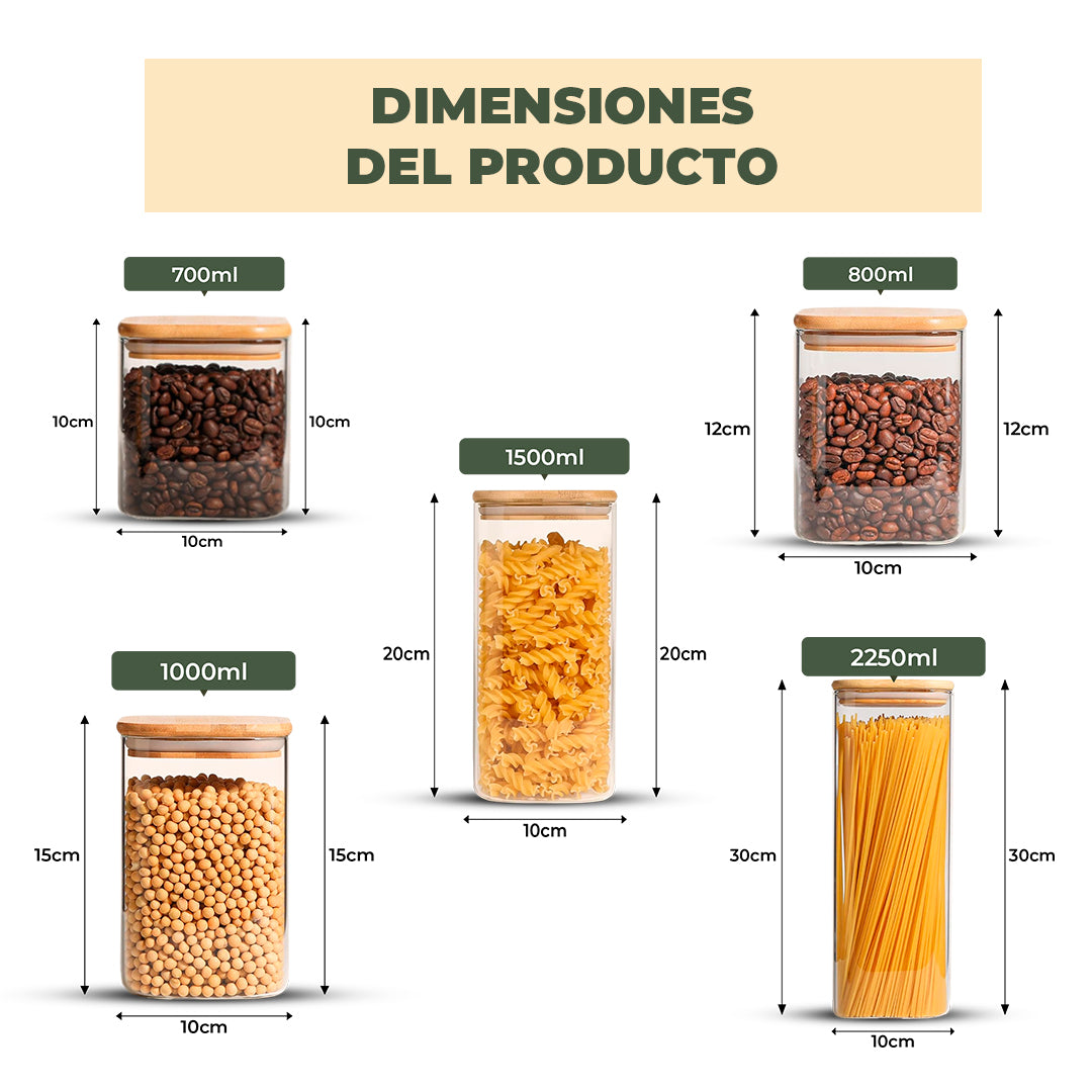 Set de 5 Frascos de Vidrio Rectangulares con Tapa de Bambú
