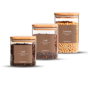 Set de 3 Frascos de Vidrio Rectangulares con Tapa de Bambú