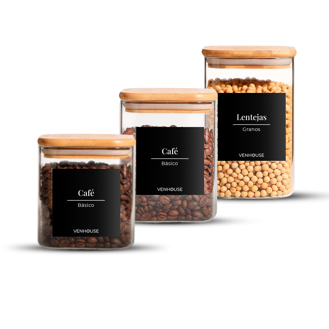 Set de 3 Frascos de Vidrio Rectangulares con Tapa de Bambú