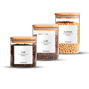 Set de 3 Frascos de Vidrio Rectangulares con Tapa de Bambú