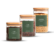 Set de 3 Frascos de Vidrio Rectangulares con Tapa de Bambú