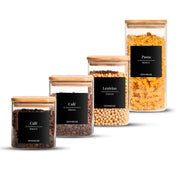 Set de 4 Frascos de Vidrio Rectangulares con Tapa de Bambú
