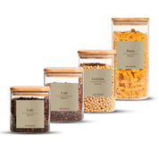 Set de 4 Frascos de Vidrio Rectangulares con Tapa de Bambú