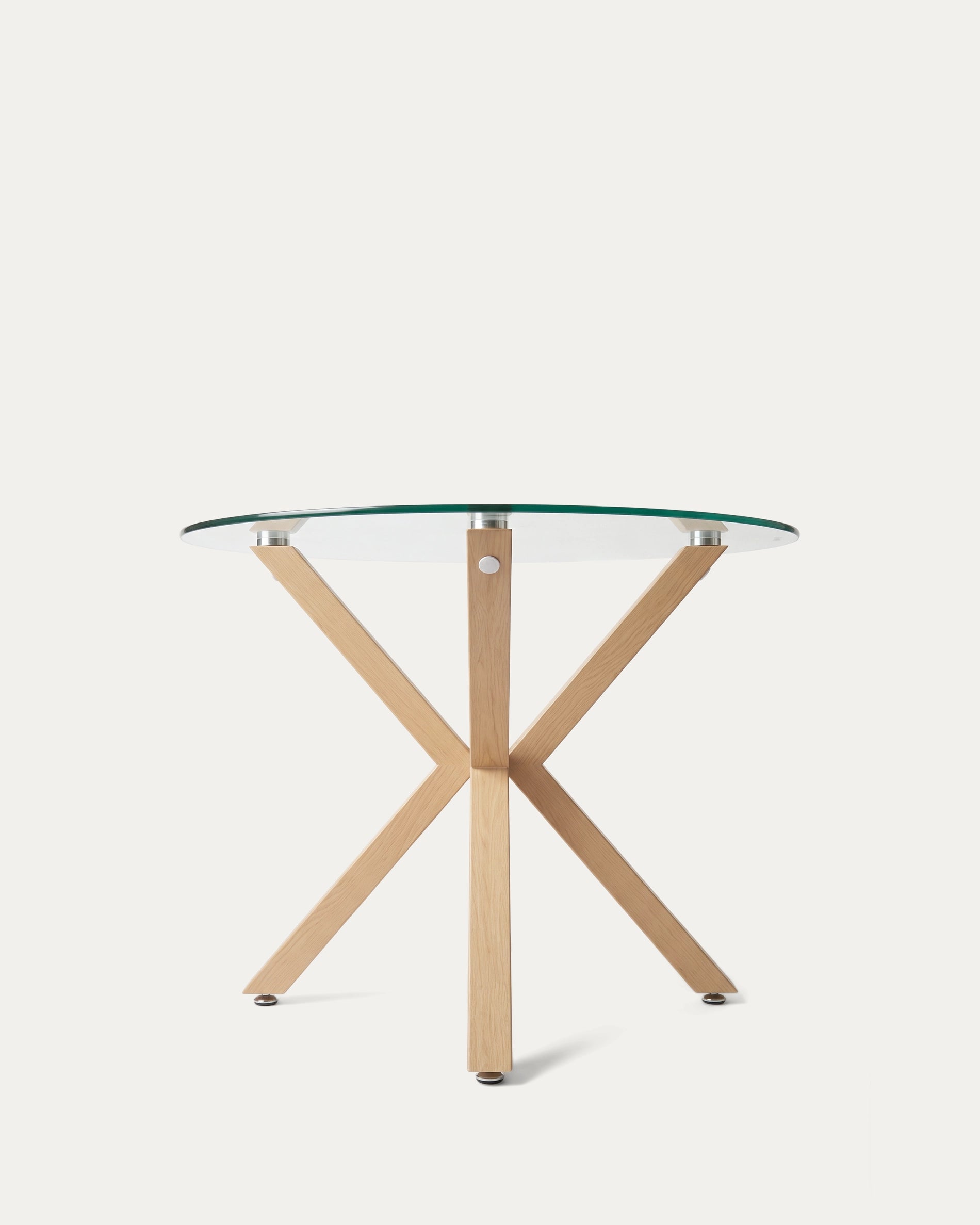 Mesa Argo redonda vidrio patas efecto madera vista completa Venhoouse Chile