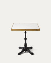 Mesa cuadrada símil mármol dorada pedestal hierro negro Travis 60x60 cm Venhoouse Chile