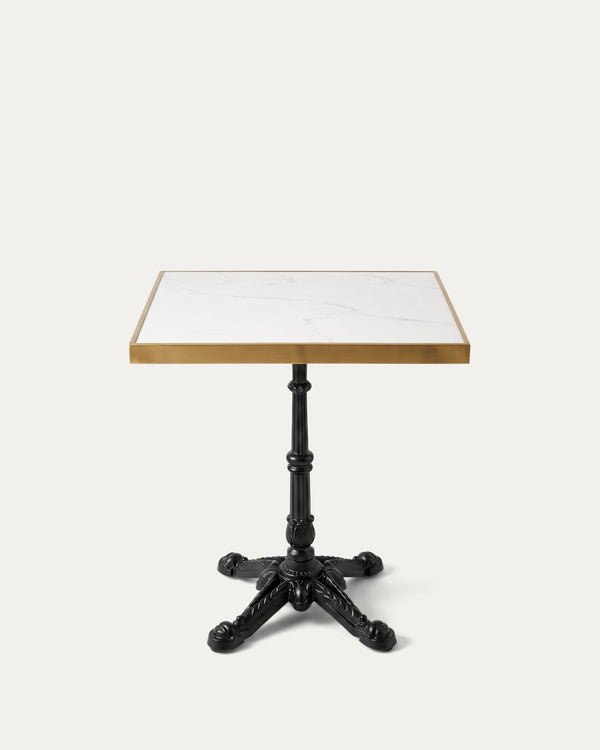 Mesa cuadrada símil mármol dorada pedestal hierro negro Travis 60x60 cm Venhoouse Chile