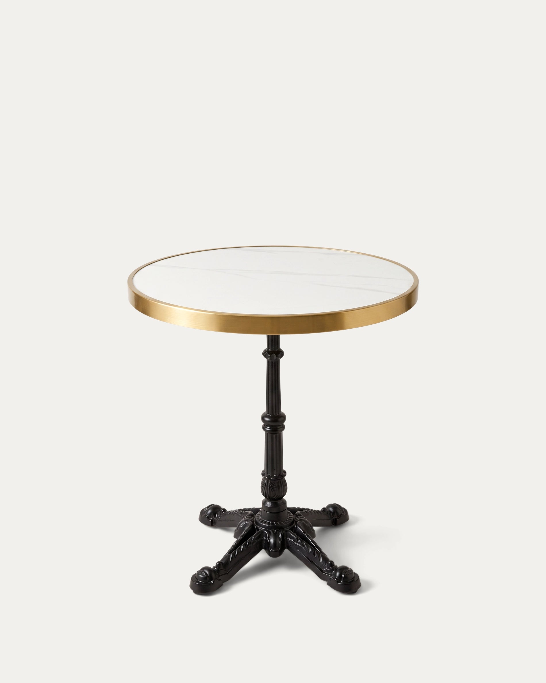 Mesa redonda símil mármol dorada pedestal hierro negro Travis Ø60 cm Venhoouse Chile
