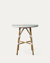 Mesa bistró parisina aluminio ratán sintético blanca frontal vidrio templado Ø70 cm Venhoouse Chile
