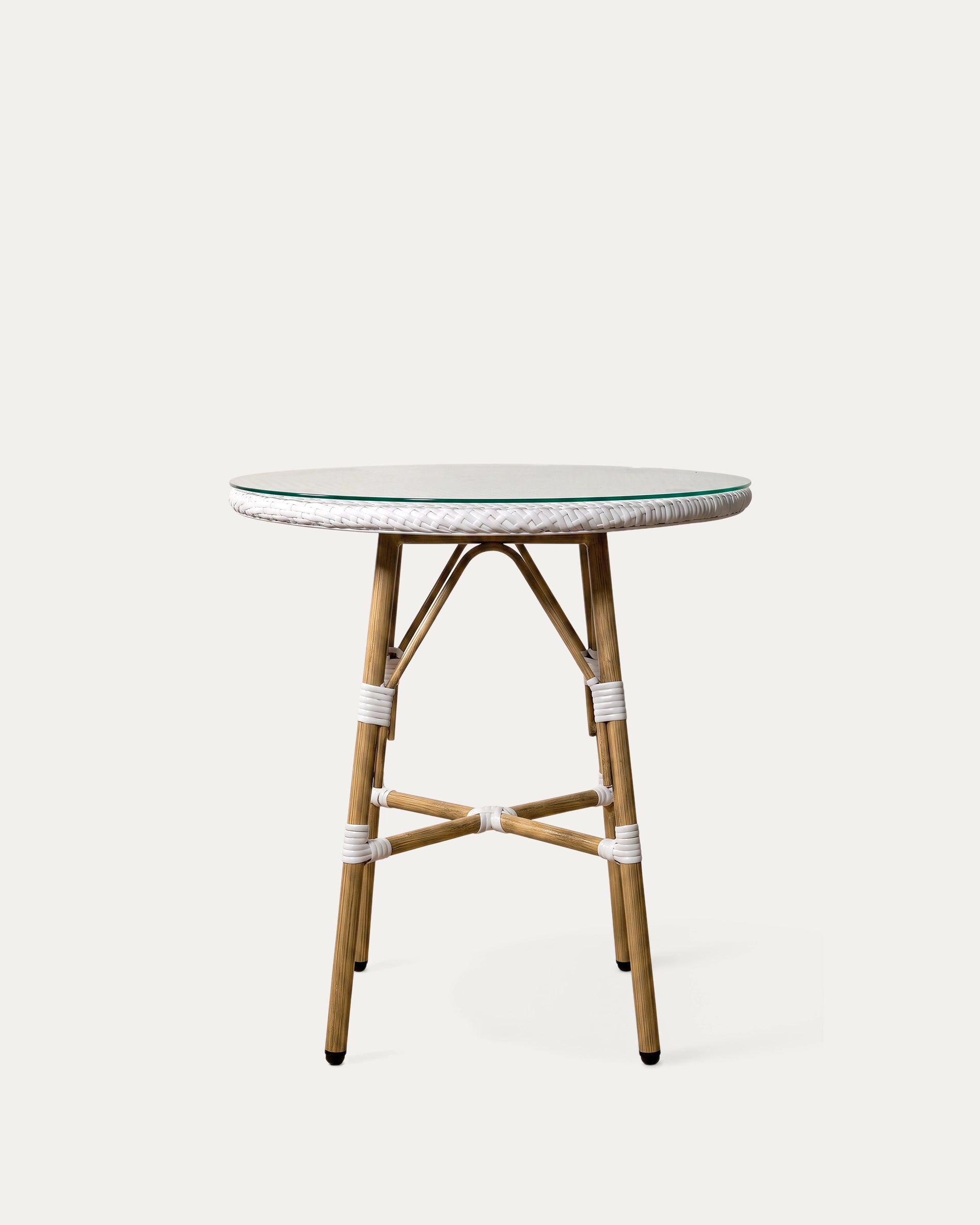 Mesa bistró parisina aluminio ratán sintético blanca frontal vidrio templado Ø70 cm Venhoouse Chile
