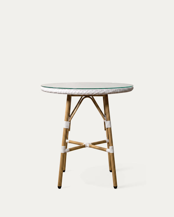 Mesa bistró parisina aluminio ratán sintético blanca frontal vidrio templado Ø70 cm Venhoouse Chile
