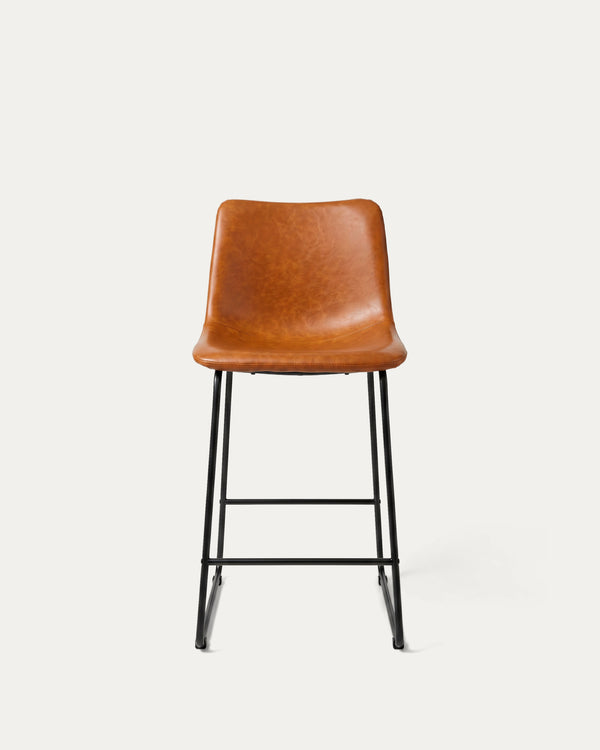 Taburete Burgos bar cuero camel frontal respaldo metal negro Venhoouse Chile