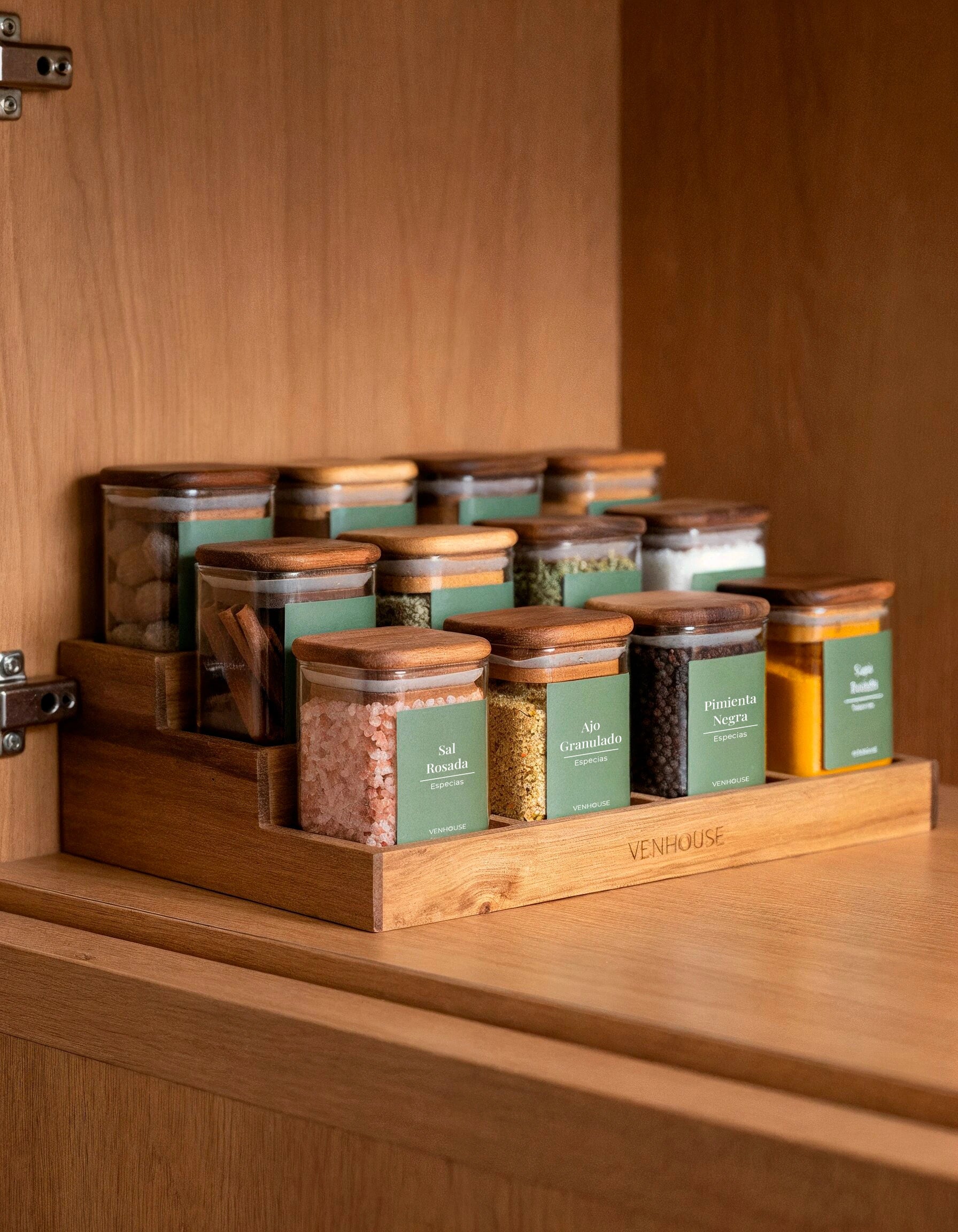 Especiero de Cocina Venhoouse - Set de 12 Tarros Herméticos con Rack de Acacia