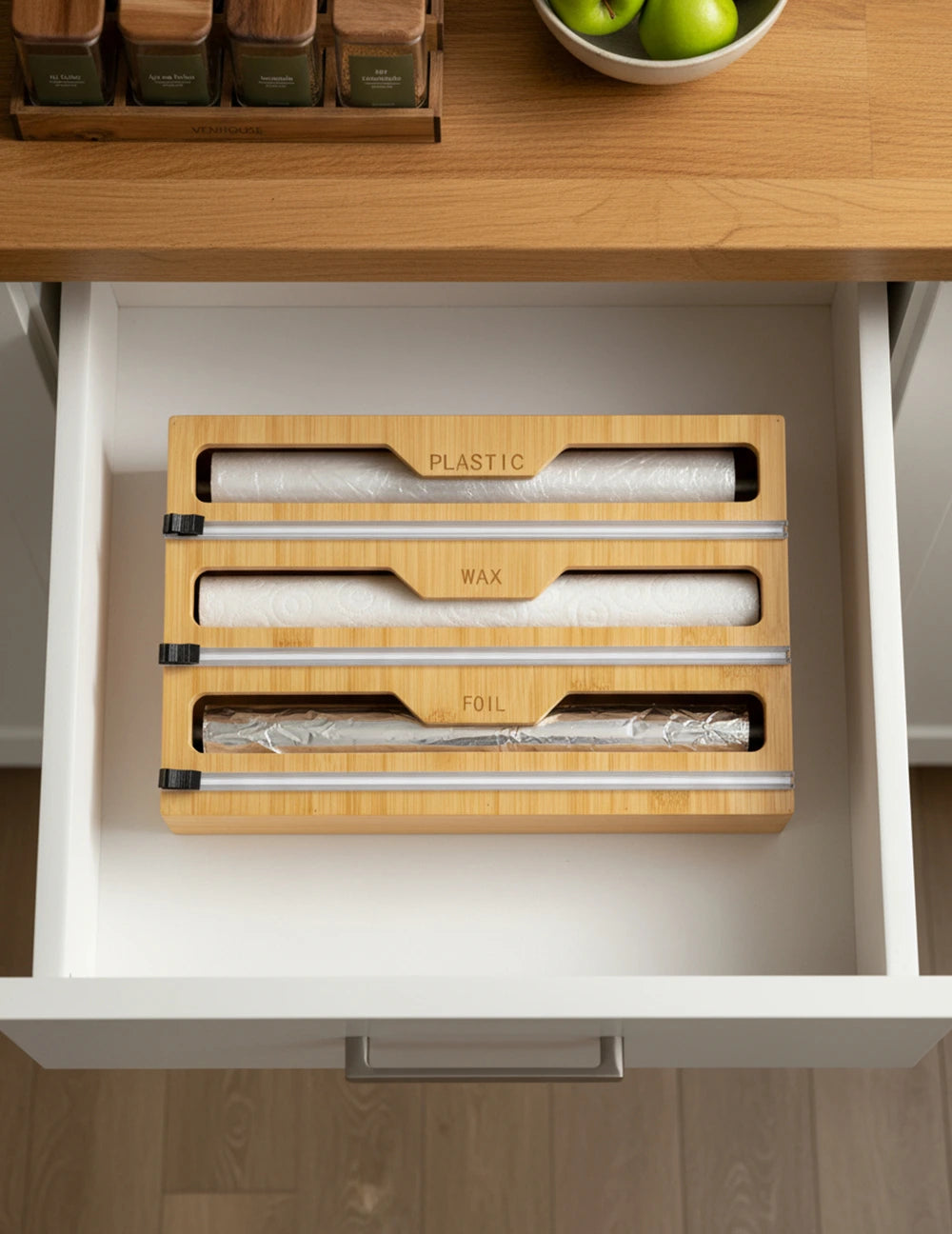 Organizador de Envolturas 3 en 1 de Bambú para Cocina