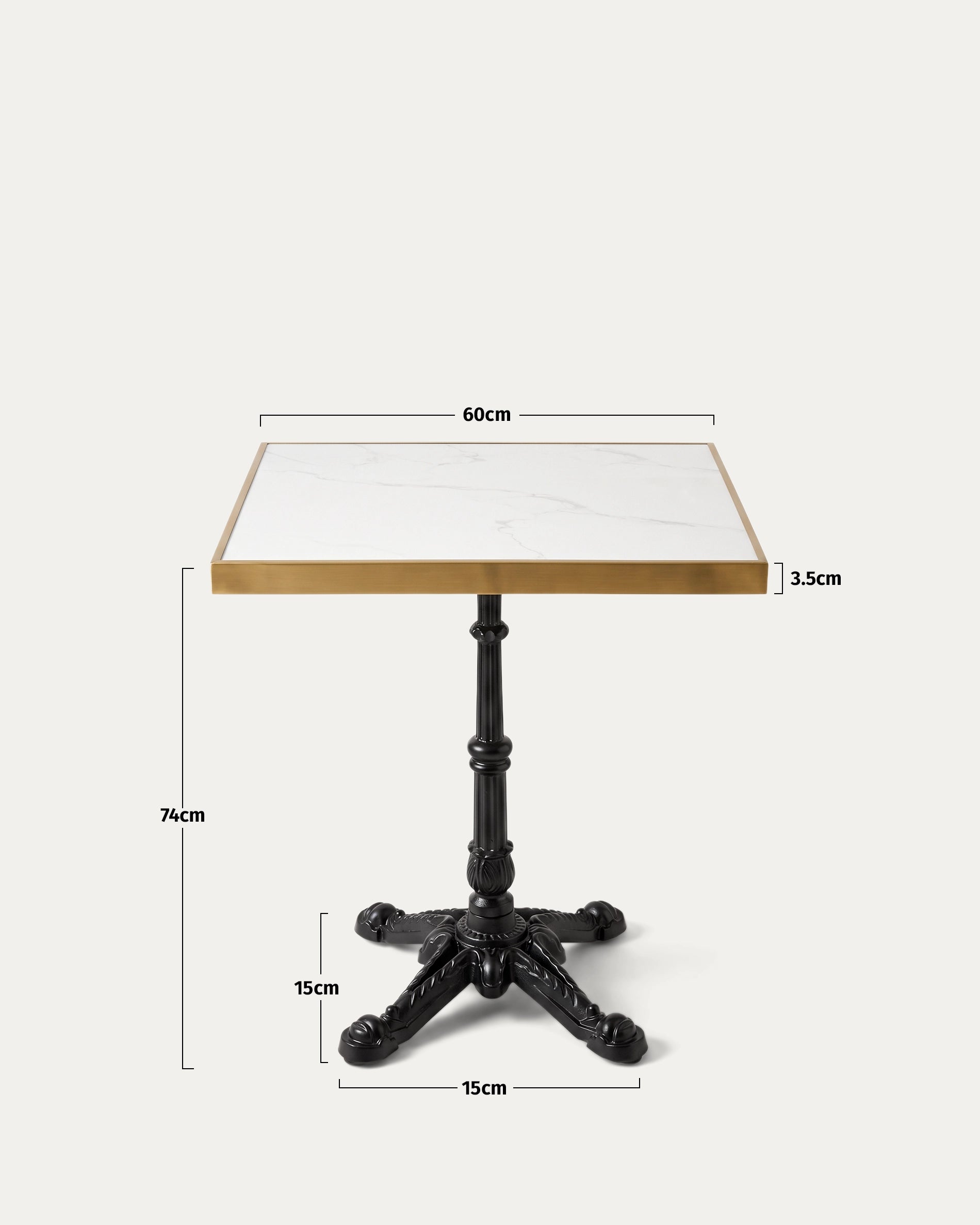 Mesa cuadrada símil mármol dorada perfil lateral medidas 60x60 cm alto 74 cm Travis Venhoouse Chile