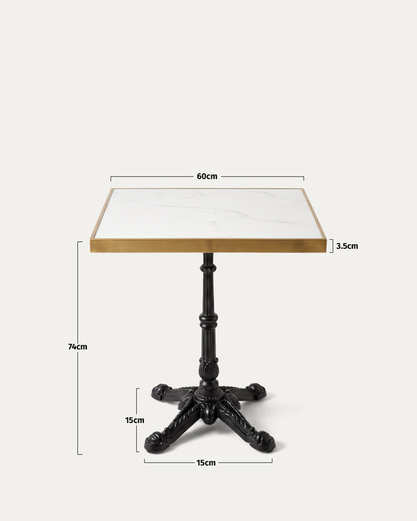 Mesa cuadrada símil mármol dorada perfil lateral medidas 60x60 cm alto 74 cm Travis Venhoouse Chile