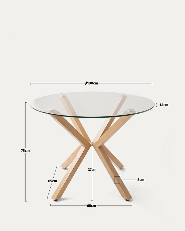 Mesa Argo Redonda de Vidrio con Patas Efecto Madera
