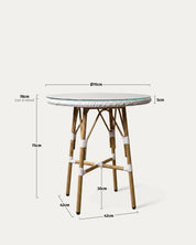 Medidas mesa parisina aluminio ratán bistró Ø70 cm alto 78 con vidrio base 42 cm Venhoouse Chile
