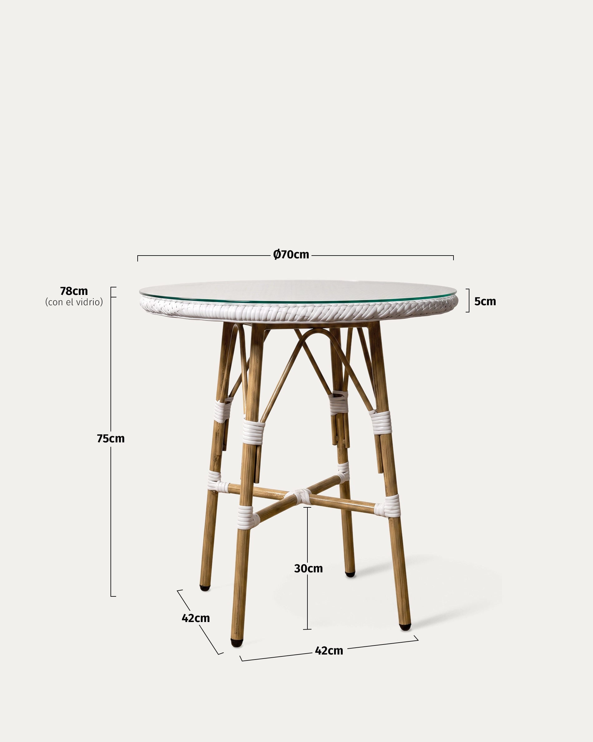 Medidas mesa parisina aluminio ratán bistró Ø70 cm alto 78 con vidrio base 42 cm Venhoouse Chile
