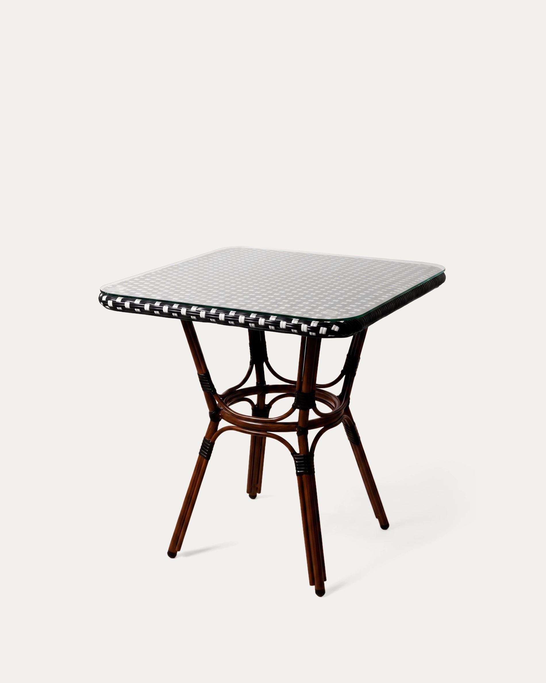 Mesa parisina bistró cuadrada blanco negro perfil lateral aluminio efecto bambú Venhoouse Chile
